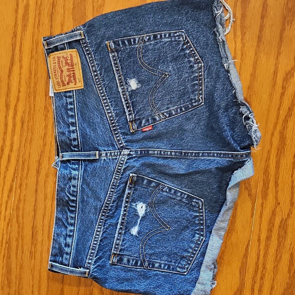 Levi 501 Blue Distressed Jean Shorts - Picture 6 of 9